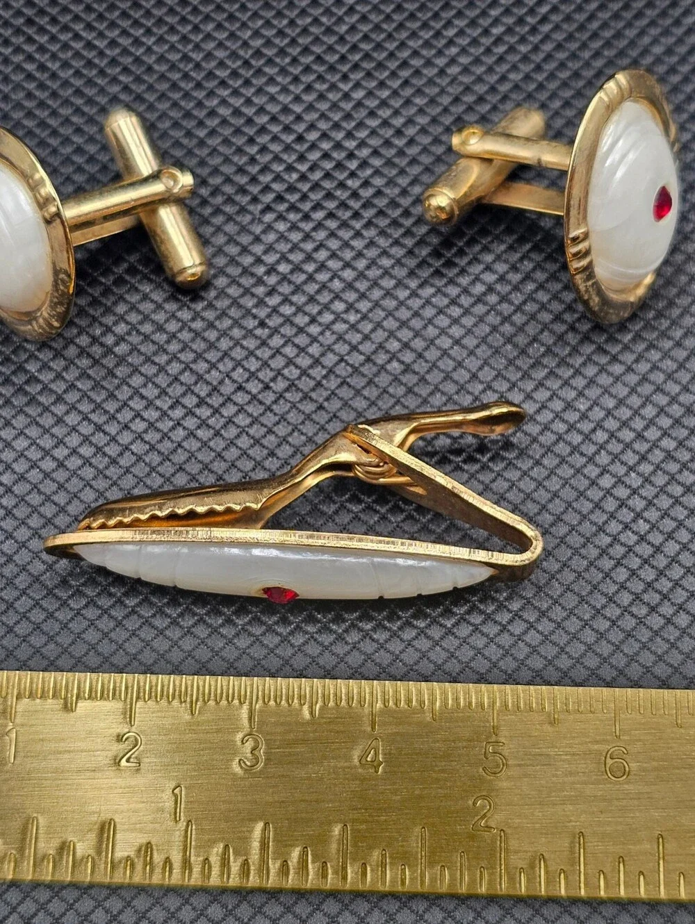 Vintage Gold Tone Cufflinks and Tie Clip Set with White and Red Accents